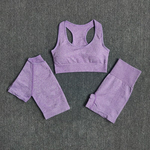 WAREBALL Seamless 3pcs Women Yoga Set Workout Bra Crop Top Short Sleeve T Shirt High Waist Fitness Gym Clothes Sports Suits