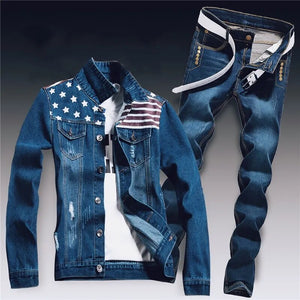Spring Mens Denim Two Piece Set Hole Ripped Slim Fit Jacket Jeans Sets Male Casual Vintage  Streetwear