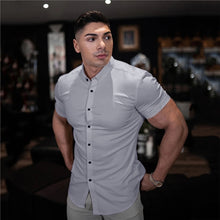 Load image into Gallery viewer, Men Fashion Casual Short Sleeve Solid Shirt Super Slim Fit Male Social Business Dress Shirt Brand Men Fitness Sports Clothing