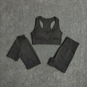 WAREBALL Seamless 3pcs Women Yoga Set Workout Bra Crop Top Short Sleeve T Shirt High Waist Fitness Gym Clothes Sports Suits