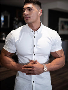 Men Fashion Casual Short Sleeve Solid Shirt Super Slim Fit Male Social Business Dress Shirt Brand Men Fitness Sports Clothing