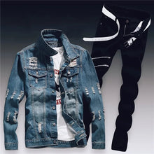Load image into Gallery viewer, Spring Mens Denim Two Piece Set Hole Ripped Slim Fit Jacket Jeans Sets Male Casual Vintage  Streetwear