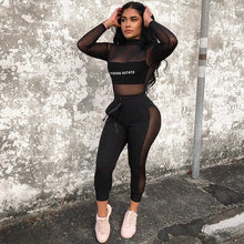 Load image into Gallery viewer, Sexy Mesh TWO PIECE SET Matching Outfits Nightclub 2 Pcs Suit Jogger Pants See Through Hollow Out Transparent Women Clothes Club