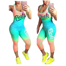 Load image into Gallery viewer, 2 Pieces Sets Women Sporting Tracksuit 2023 Summer Pink Letter Print Sets Cotton Blend T Shirt Tank Tops+ Pants Plus Size XXXL
