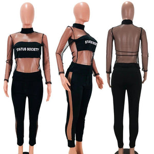 Sexy Mesh TWO PIECE SET Matching Outfits Nightclub 2 Pcs Suit Jogger Pants See Through Hollow Out Transparent Women Clothes Club