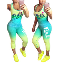 Load image into Gallery viewer, 2 Pieces Sets Women Sporting Tracksuit 2023 Summer Pink Letter Print Sets Cotton Blend T Shirt Tank Tops+ Pants Plus Size XXXL