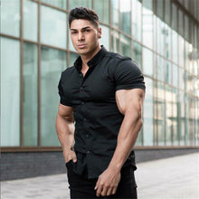 Load image into Gallery viewer, Men Fashion Casual Short Sleeve Solid Shirt Super Slim Fit Male Social Business Dress Shirt Brand Men Fitness Sports Clothing