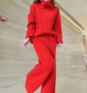 Women Winter Sweater Cloth Sets Fashion Thick Warm Solid Knitted Pullover Tops + Wide leg Pants 2 Piece Set Female Trousers Suit