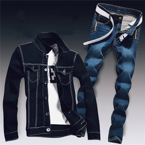 Spring Mens Denim Two Piece Set Hole Ripped Slim Fit Jacket Jeans Sets Male Casual Vintage  Streetwear