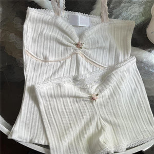 Fairy Grunge Lace Trim Strapless Tube Top + Shorts 90s Vintage Chic Women 2 Piece Set Outfits Chest Wrap Backless Crop Top Camis