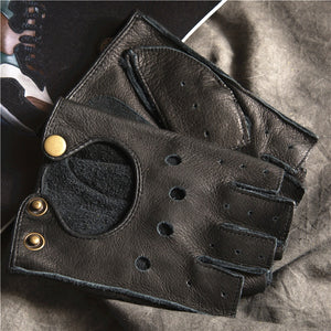 Gours Winter Real Leather Fingerless Gloves for Men Black Half-Finger Gym Workout Fitness Driving Genuine Cowhide Gloves GSM046