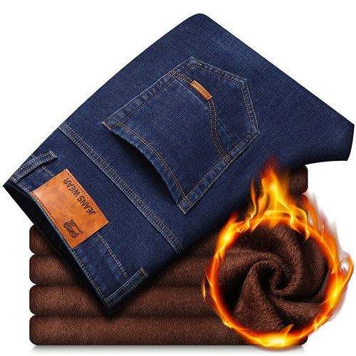 Brand Autumn Winter Warm Flocking Denim Soft  Man Activities Fleece Line Men Jeans Black Blue Grey Colors