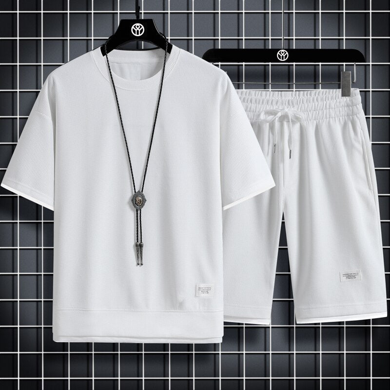 Men's Two Piece Set Linen Fabric Casual T-Shirt and Shorts Set Sports Fashion Short Sleeve Tracksuit