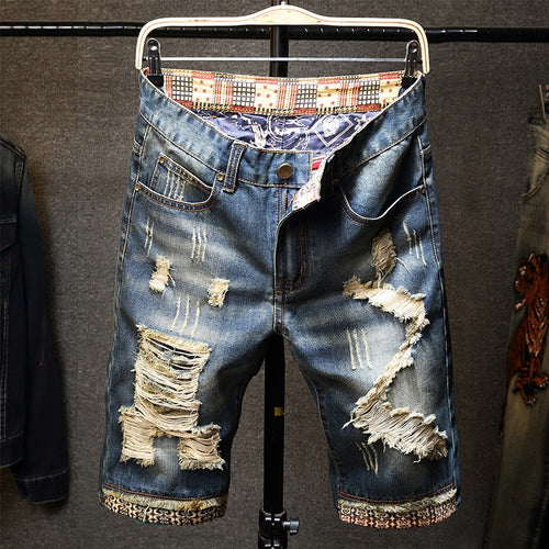 New Men vintage Ripped bermudas Jeans Short Summer Streetwear Hip hop male Casual Holes Straight Denim shorts