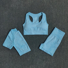 Load image into Gallery viewer, WAREBALL Seamless 3pcs Women Yoga Set Workout Bra Crop Top Short Sleeve T Shirt High Waist Fitness Gym Clothes Sports Suits