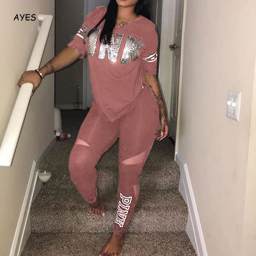 Women Set PINK Letter Print Sweatsuit Women Casual Plus Size Tops Skinny Pants Sweat Suit Two Piece Tracksuit 2 Piece Set S-XXXL