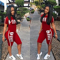 Load image into Gallery viewer, Fanco  Casual Pink Letter Print Women Two Piece Set New Summer Rompers Sexy Striped T-Shirts And Skinny Pants 2pcs Outfits