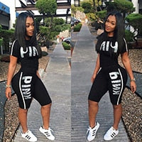 Load image into Gallery viewer, Fanco  Casual Pink Letter Print Women Two Piece Set New Summer Rompers Sexy Striped T-Shirts And Skinny Pants 2pcs Outfits