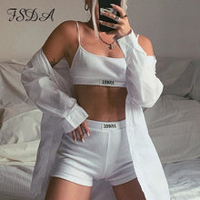 Load image into Gallery viewer, FSDA Summer Ribber Women Set White Spaghetti Strap Crop Top And Mini Biker Shorts Embroidery Two Piece Sets Sexy Outfit Party