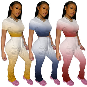 Gradient Color Casual Set Track Suit 2 Piece Summer Elastic Waist Pants Suit