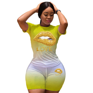 2020 Women 2 Piece Set Summer Clothes Gradient Mouth Lip Letter Print TShirts Biker Shorts Casual Plus Size Two Piece Outfits