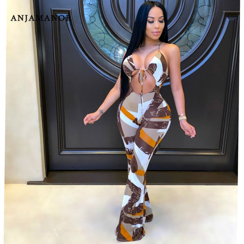 ANJAMANOR Brown Multi Palazzo Jumpsuit Women Clothing Sexy Outfits for Woman Night Club Wide Leg Romper Dropshipping D64-CG25