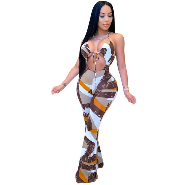 ANJAMANOR Brown Multi Palazzo Jumpsuit Women Clothing Sexy Outfits for Woman Night Club Wide Leg Romper Dropshipping D64-CG25