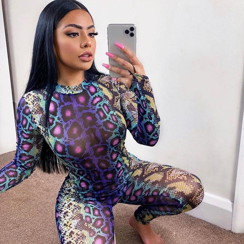 hirigin Sexy Women Jumpsuit Serpentine Print O-neck Long Sleeve Jumpsuit Fall Autumn Backless Bodycon Club Streetwear