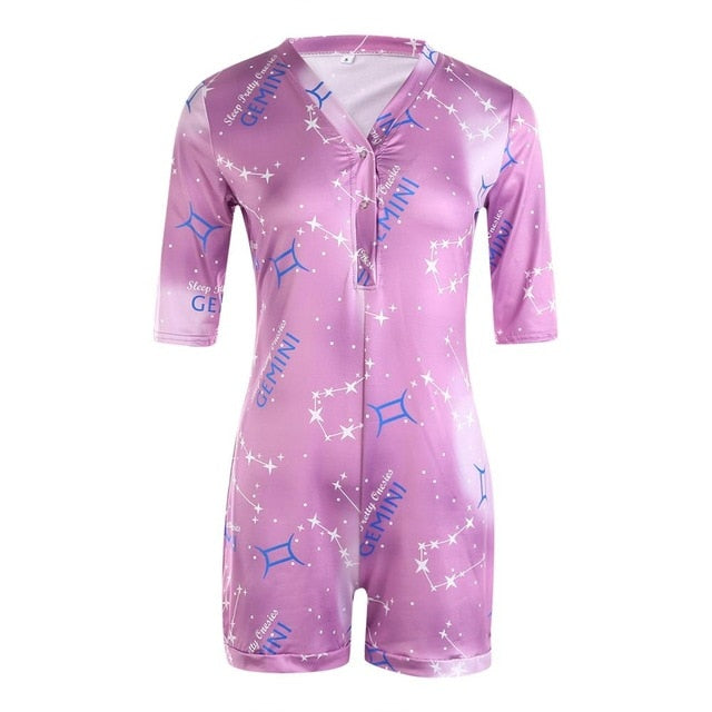 hirigin Zodiac Signs Bodysuit Sexy Women Long Sleeve Bodycon Pajama Romper Women Shorts Sleepwear