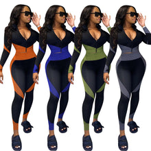 Load image into Gallery viewer, 2 Piece Outfit for Women Sportwear Patchwork Zipper V Neck Top Pencil Leggings Fitness Matching Set
