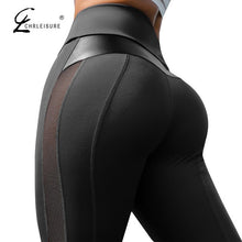 Load image into Gallery viewer, CHRLEISURE High Waist Fitness Leggings Women for Legging Workout Women Mesh And PU Leather Patchwork Legging