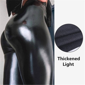 Qickitout Spandex 10% Black PU Leather Pants Women High Waist Skinny Push Up Leggings Elastic Trousers Jeggings