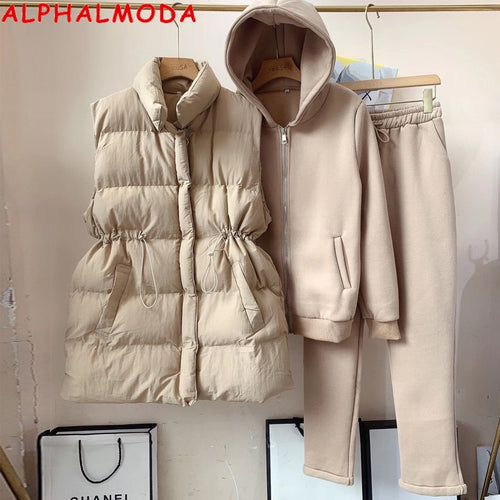 ALPHALMODA New Arrival Padded Vest Zip Hooded Trousers Women Winter Warm 3pcs Sweatpants Suit Solid Color M-XL