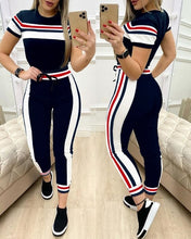 Load image into Gallery viewer, Colorblock Plaid Striped Short Sleeve Tape Top &amp; Drawstring Pants Set Casual Basic Women Two Piece Set