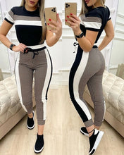 Load image into Gallery viewer, Colorblock Plaid Striped Short Sleeve Tape Top &amp; Drawstring Pants Set Casual Basic Women Two Piece Set
