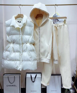 ALPHALMODA New Arrival Padded Vest Zip Hooded Trousers Women Winter Warm 3pcs Sweatpants Suit Solid Color M-XL