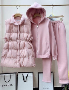 ALPHALMODA New Arrival Padded Vest Zip Hooded Trousers Women Winter Warm 3pcs Sweatpants Suit Solid Color M-XL