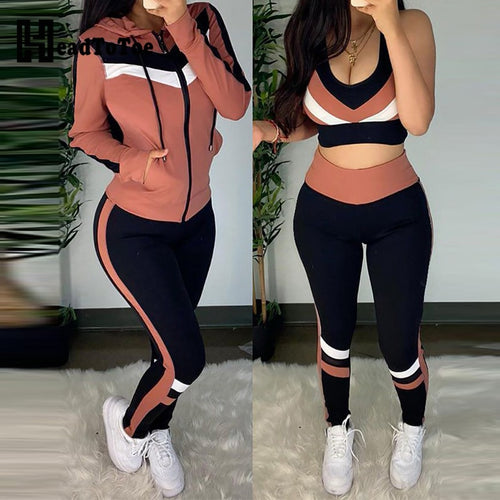 Colorblock Crop Top & High Waist Pants & Hooded Coat Set Casual Women 3 Piece Set Outfits