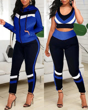 Load image into Gallery viewer, Colorblock Crop Top &amp; High Waist Pants &amp; Hooded Coat Set Casual Women 3 Piece Set Outfits