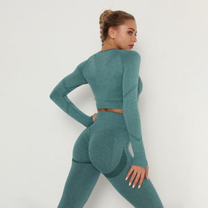 Seamless Women Sport Set For Gym Long Sleeve Top High Waist Belly Control Leggings Clothes Seamless Sport Suit Sexy Booty