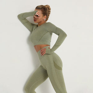 Seamless Women Sport Set For Gym Long Sleeve Top High Waist Belly Control Leggings Clothes Seamless Sport Suit Sexy Booty