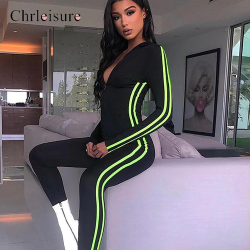 Fashion Fitness Jumpsuit Women Casual Elastic Skinny Long Romper  New Side Striped Patchwork Turtleneck Bodysuit