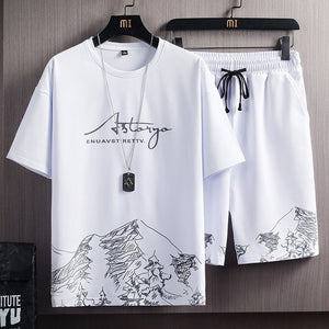 Men's T-shirt + Shorts Set Summer Breathable Casual T shirt Running Set Fashion Harajuku Printed Male Sport Suit 2021 New