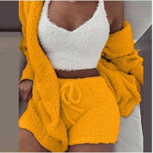 Load image into Gallery viewer, Three Piece Sexy Fluffy Outfits Plush Velvet Hooded Cardigan Coat+Shorts+Crop Top Women Tracksuit Sets Casual Sports Sweatshirt