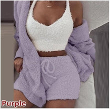 Load image into Gallery viewer, Three Piece Sexy Fluffy Outfits Plush Velvet Hooded Cardigan Coat+Shorts+Crop Top Women Tracksuit Sets Casual Sports Sweatshirt