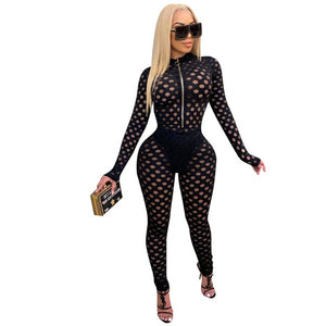 Hollow Out Sheer Sexy Rompers Jumpsuit Women Front Zipper Long Sleeve Night Out Club Party Bodycon One Piece Overalls