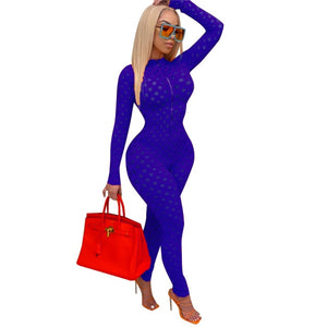 Hollow Out Sheer Sexy Rompers Jumpsuit Women Front Zipper Long Sleeve Night Out Club Party Bodycon One Piece Overalls