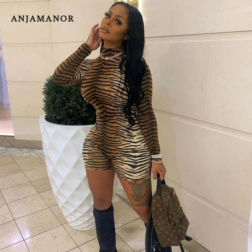 ANJAMANOR Cheetah Print Sexy Rompers Playsuit Fall Clothes for Women Clubwear High Neck Long Sleeve Bodycon Jumpsuit