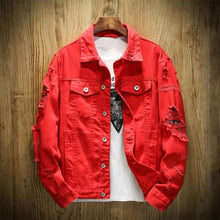 Load image into Gallery viewer, 2021 Autumn New Men&#39;s Jean Jacket Slim Fit Cotton Denim Jacket Red White Black Ripped Hole Jean Coats Men Outwear Plus size