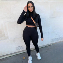 Load image into Gallery viewer, Autumn Winter Women Sport Fitness 2 Two Piece Set Outfits Long Sleeve Solid Crop Tops Leggings Pants Set Bodycon Tracksuit